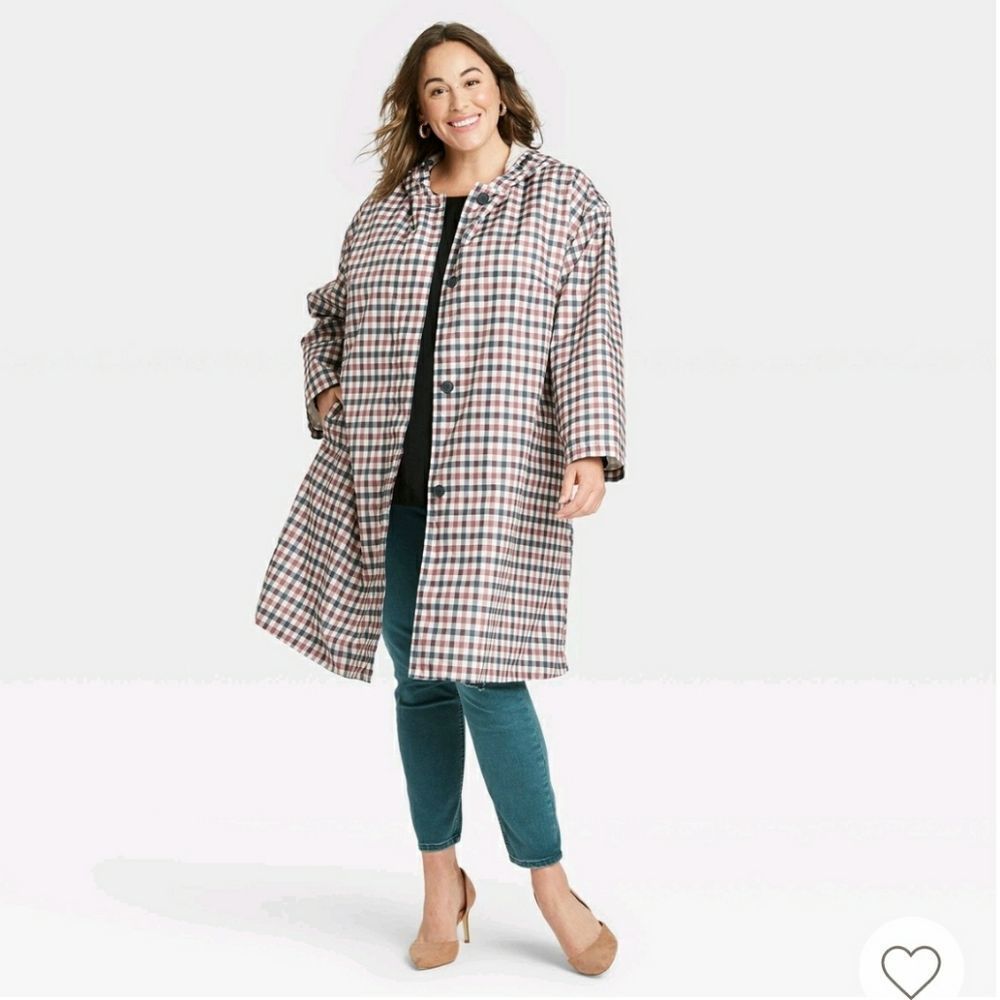 Ava & Viv Plus Size Maroon and Stucco Gray Plaid Rain Coat